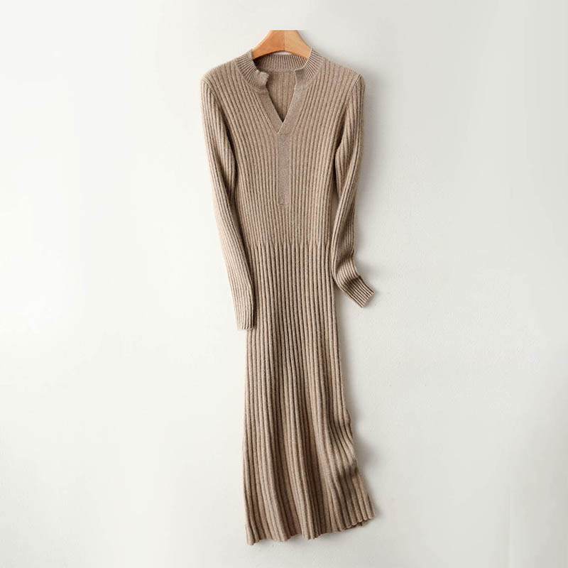 スマートミニマリストリブ編み2025年レディースロングVネッ - Bodycon Long Sleeve Ribbed Dress のレビューと価格