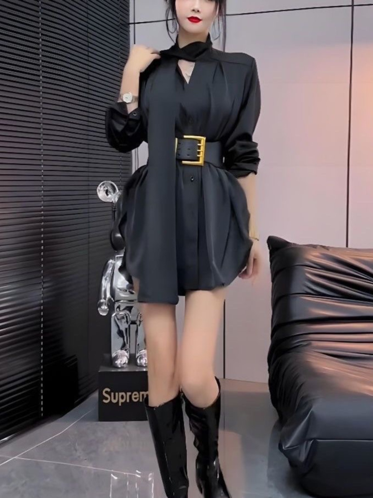 ホワイトシルクシャツドレス女性の秋ハイウエストAラインショー - Korean Style A Line Shirt Dress のレビューと価格