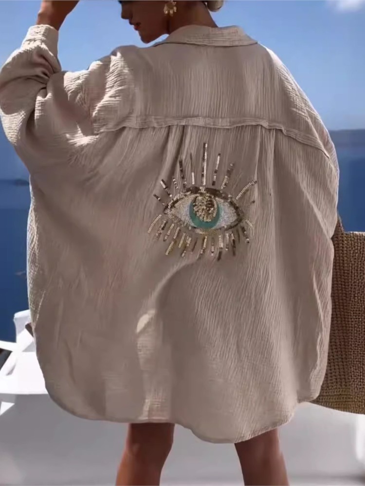 夏カジュアルスパンコールアイシャツドレス女性ファッションビー - Casual Loose Linen Shirt Dress のレビューと価格