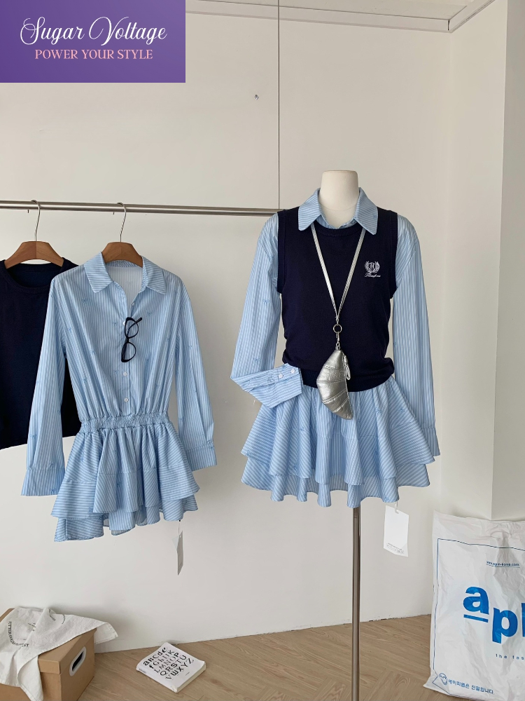 春秋韓国ファッションカレッジスタイルツーピースセット女性長袖 - Korean Style A Line Shirt Dress のレビューと価格