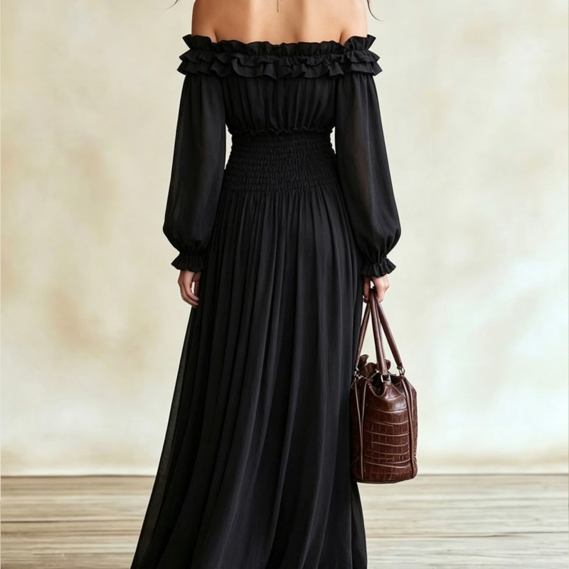 女性用オフショルダーラッフルマキシドレス、ロングランタンスリ - Off Shoulder Puff Sleeve Sundress のレビューと価格