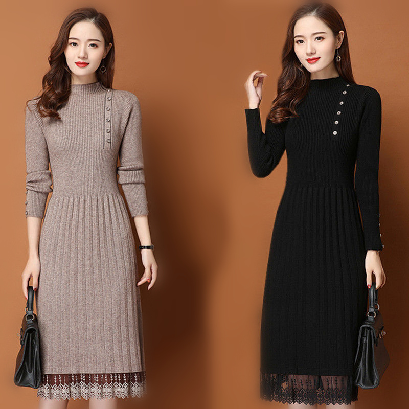 レース裾ボタン女性秋冬セーターニットラインドレスリブスリム弾 - Bodycon Long Sleeve Ribbed Dress のレビューと価格