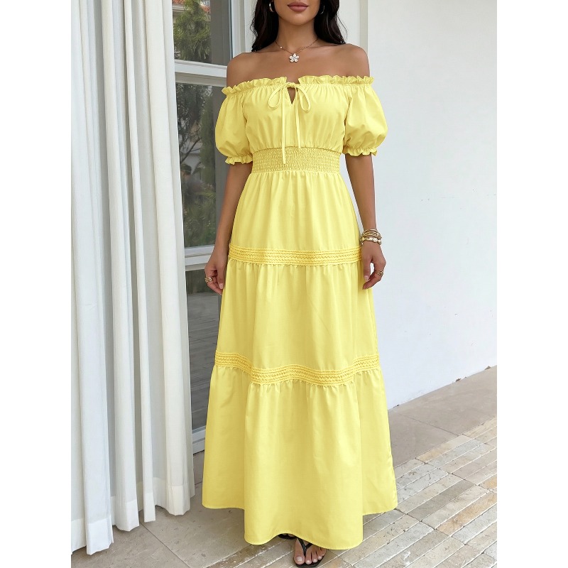 夏のボヘミアンスタイル、女性用イエローオフショルダーコルセッ - Off Shoulder Puff Sleeve Sundress のレビューと価格