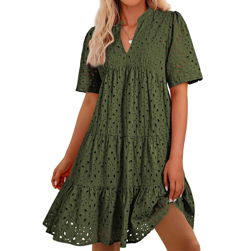 レディース ボヘミアン サマー Vネック 半袖 透かし彫りレ - French Vintage Floral Midi Dress のレビューと価格