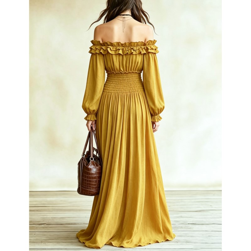 オフショルダーファッションマキシドレス レディース 秋 ラッ - Off Shoulder Puff Sleeve Sundress のレビューと価格