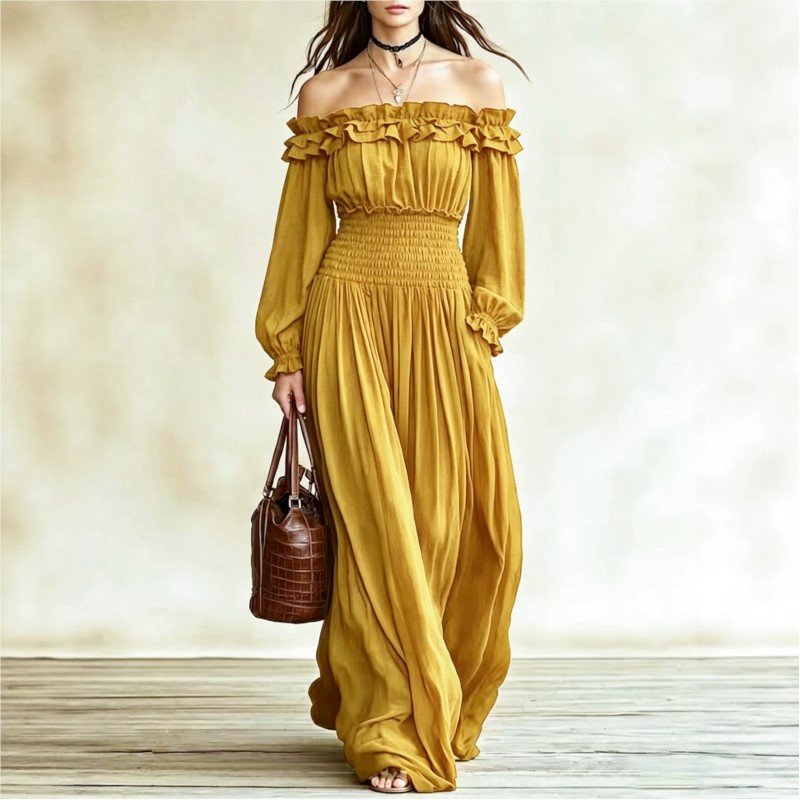 オフショルダーファッションマキシドレス レディース 秋 ラッ - Off Shoulder Puff Sleeve Sundress のレビューと価格