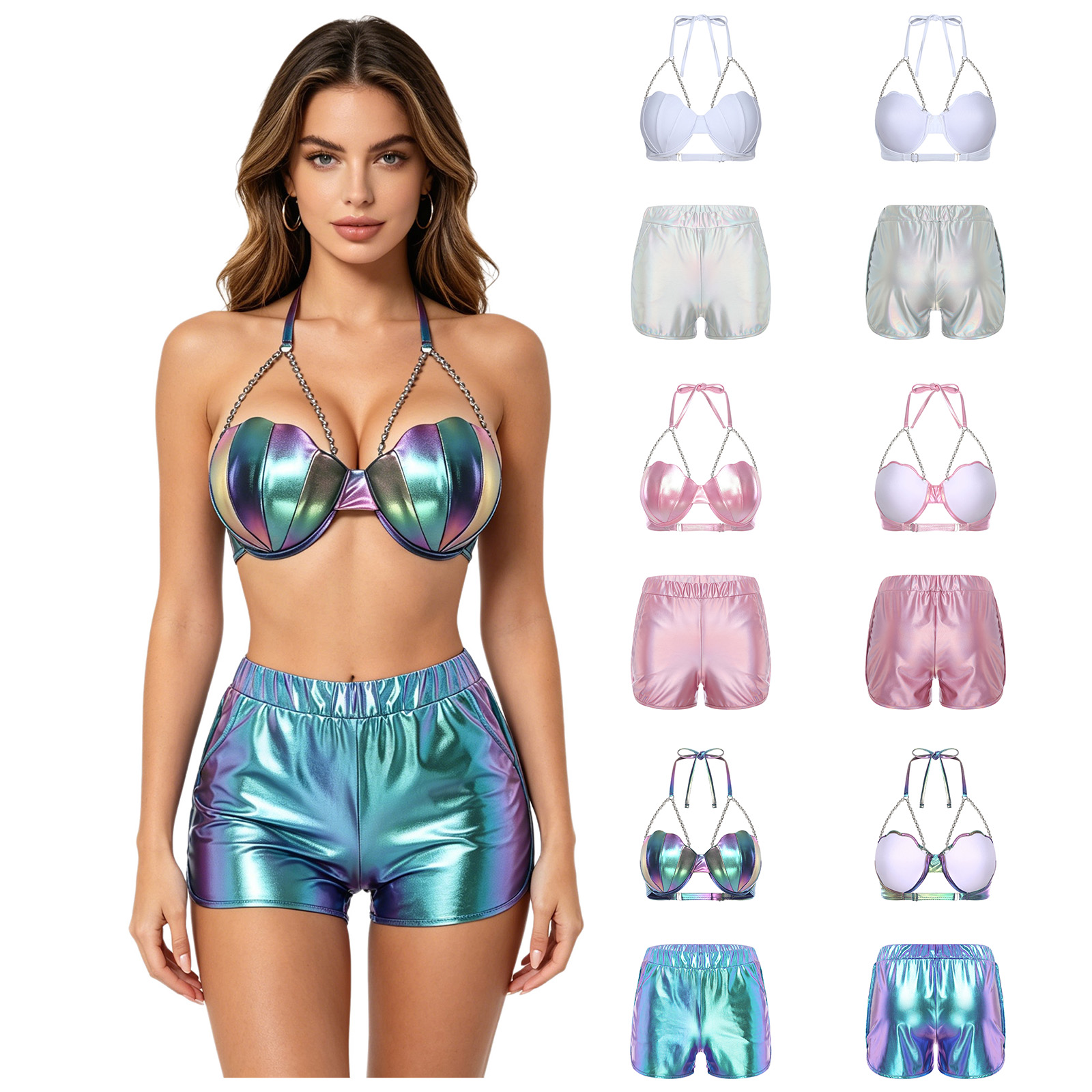 女性用メタリック光沢水着タンキニセット、ホルターシェル型ビキ - Tops のレビューと価格
