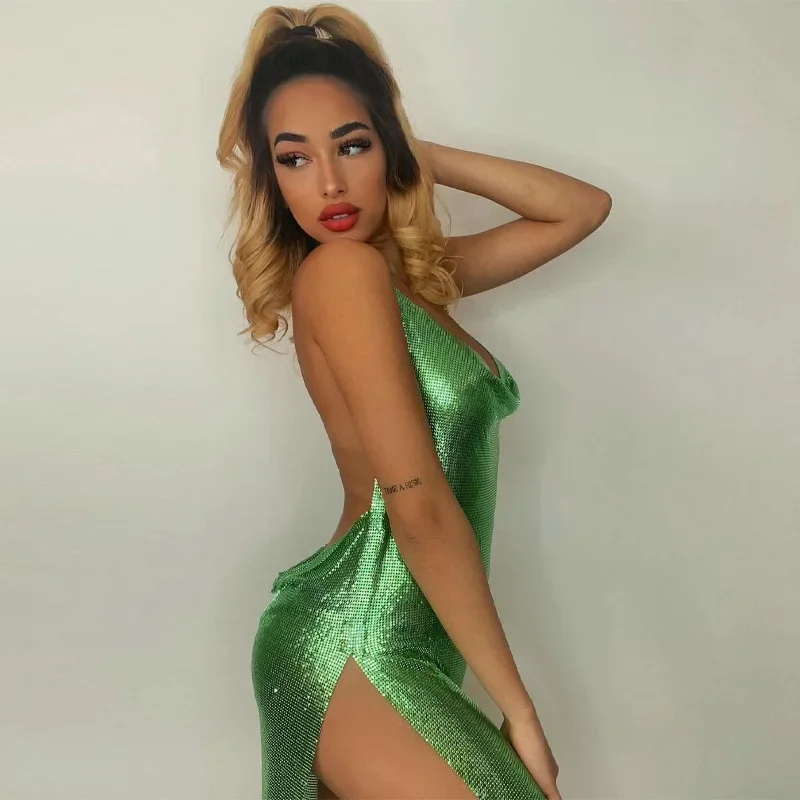 金メッキミニクラブパーティードレス女性のセクシーなドレープ  - Y2K Backless Halter Mini Dress のレビューと価格