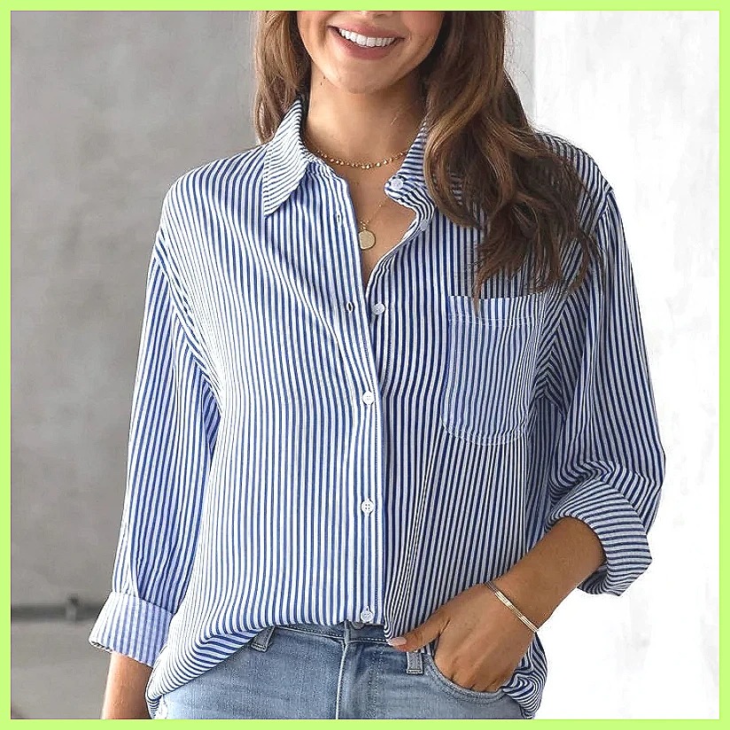 2025年新作 ストライプ柄オーバーサイズコットン トップス - Blouses のレビューと価格