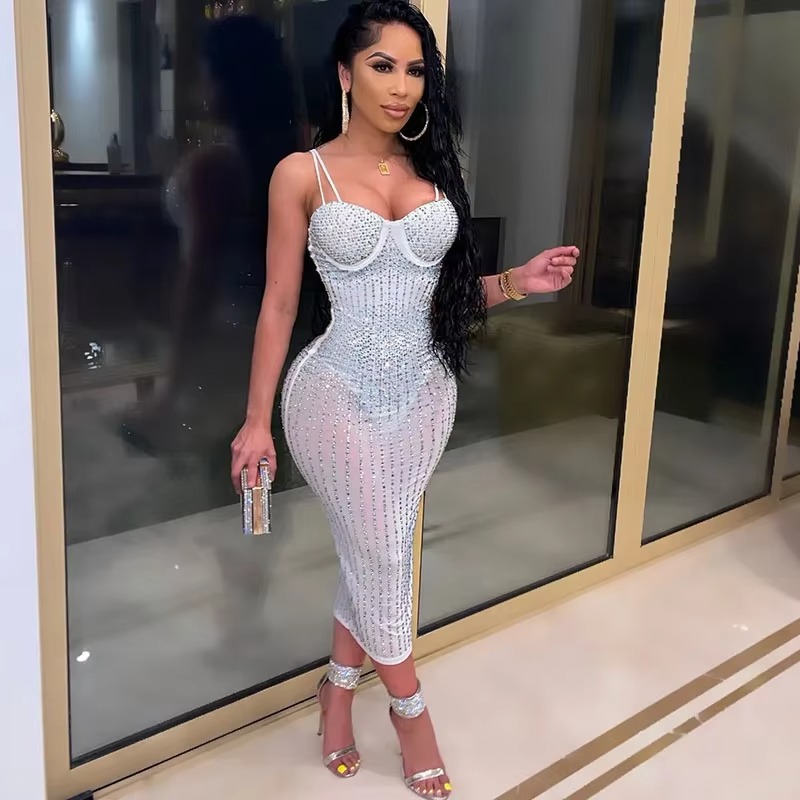 セクシーなシースルーラインストーンドレス女性イブニングナイト - Sparkly Rhinestone Club Party Dress のレビューと価格