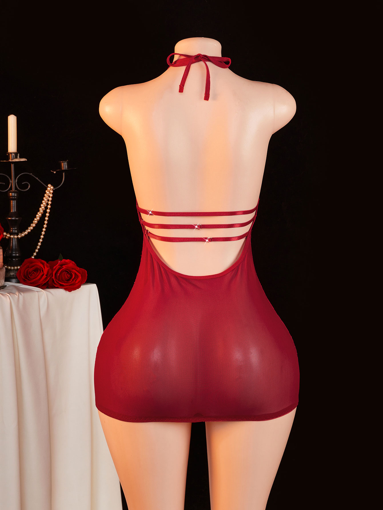 シアーレースベビードール女性用ホルターネックディープVプラン - Sexy Mesh Sheer Bodycon Dress のレビューと価格