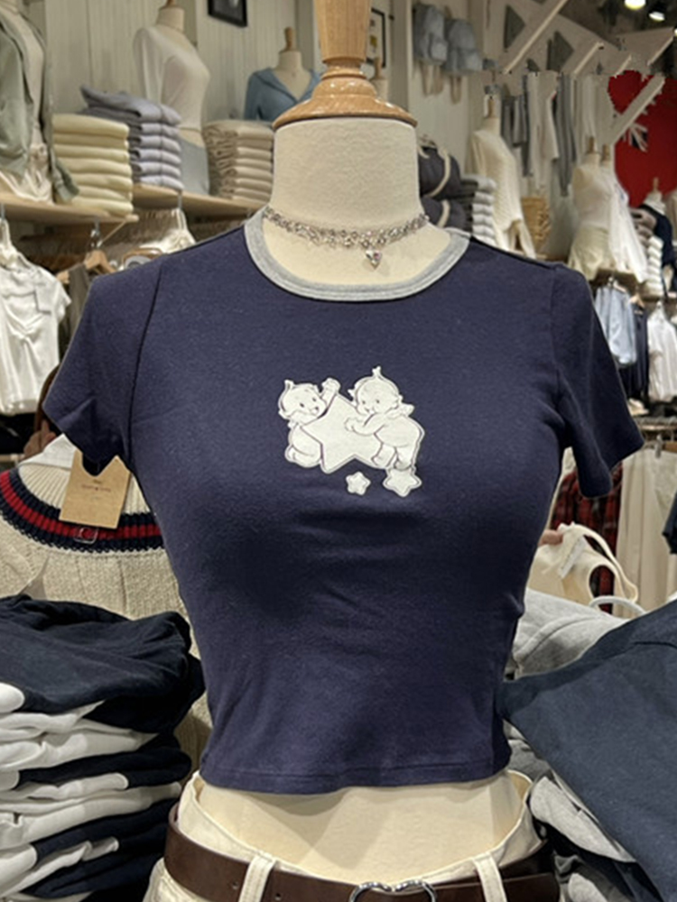 女性用半袖ラウンドネックTシャツ,サマースタイル,コットン, - Y2K Graphic Baby Tee Crop のレビューと価格