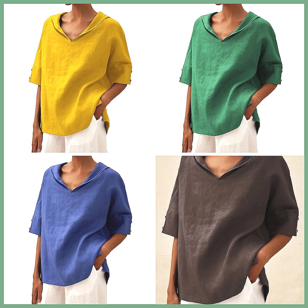 レディース ルーズ Vネック コットンリネンシャツ 2026 - Blouses のレビューと価格