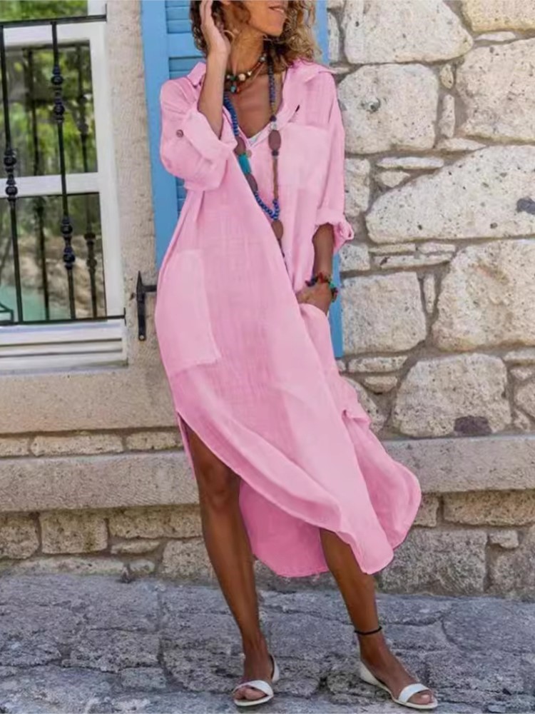 女性用長袖コットンとリネンのドレス,白いシャツ,単色,ボタン - Casual Loose Linen Shirt Dress のレビューと価格