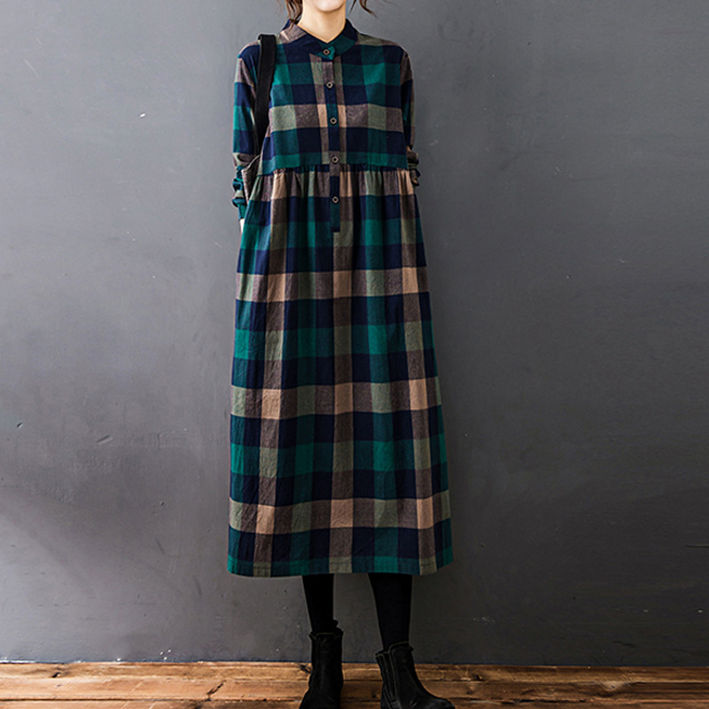 女性用秋の新作ヴィンテージモリガール風チェック柄コットンリネ - Casual Loose Linen Shirt Dress のレビューと価格
