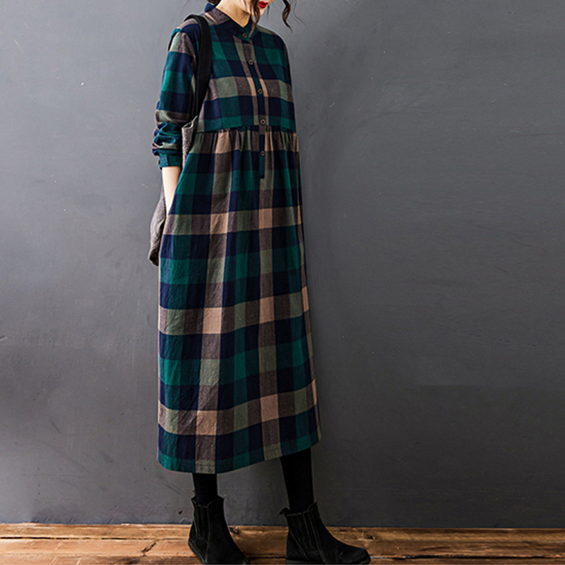 女性用秋の新作ヴィンテージモリガール風チェック柄コットンリネ - Casual Loose Linen Shirt Dress のレビューと価格