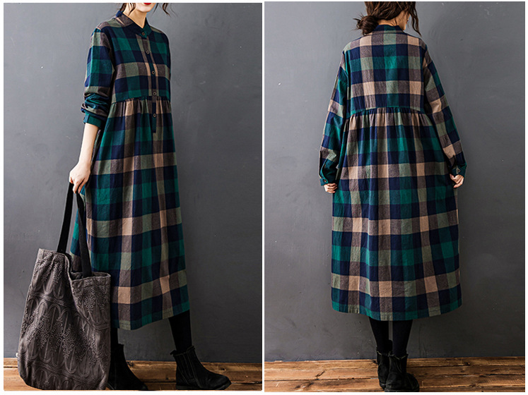 女性用秋の新作ヴィンテージモリガール風チェック柄コットンリネ - Casual Loose Linen Shirt Dress のレビューと価格