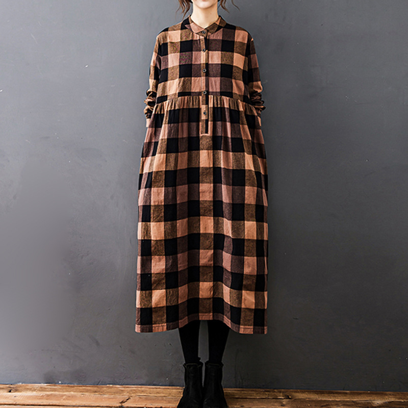 女性用秋の新作ヴィンテージモリガール風チェック柄コットンリネ - Casual Loose Linen Shirt Dress のレビューと価格