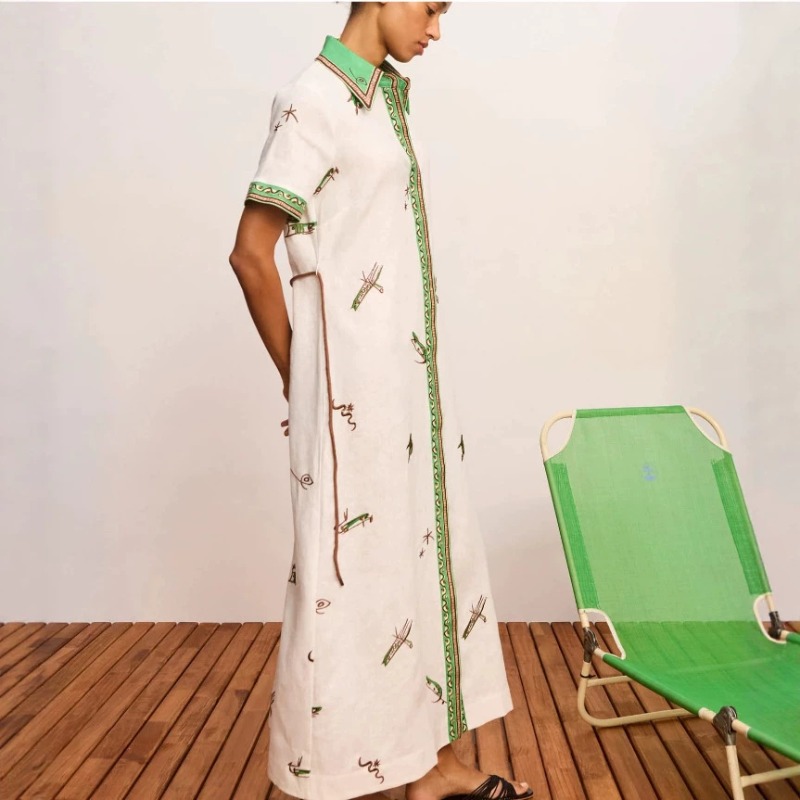 2026年秋新作オリジナルレディースリネン花柄プリントマキシ - Casual Loose Linen Shirt Dress のレビューと価格