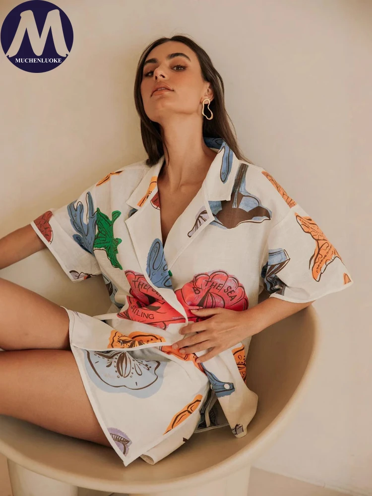 夏のツーピース衣装女性のためのエレガントなプリントトップとル - Casual Loose Linen Shirt Dress のレビューと価格