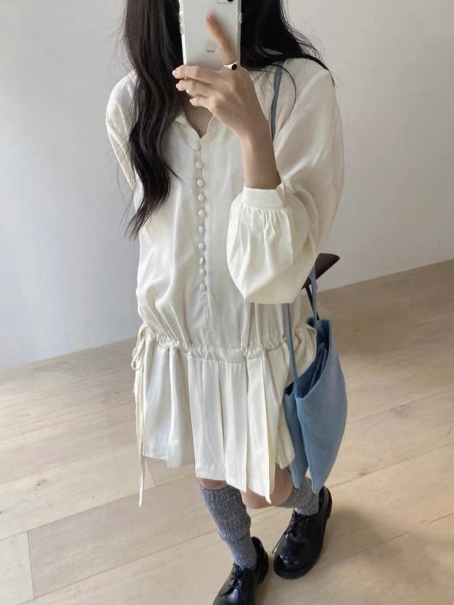 スリムロングスリーブシャツワンピース レディース シック 個 - Korean Style A Line Shirt Dress のレビューと価格