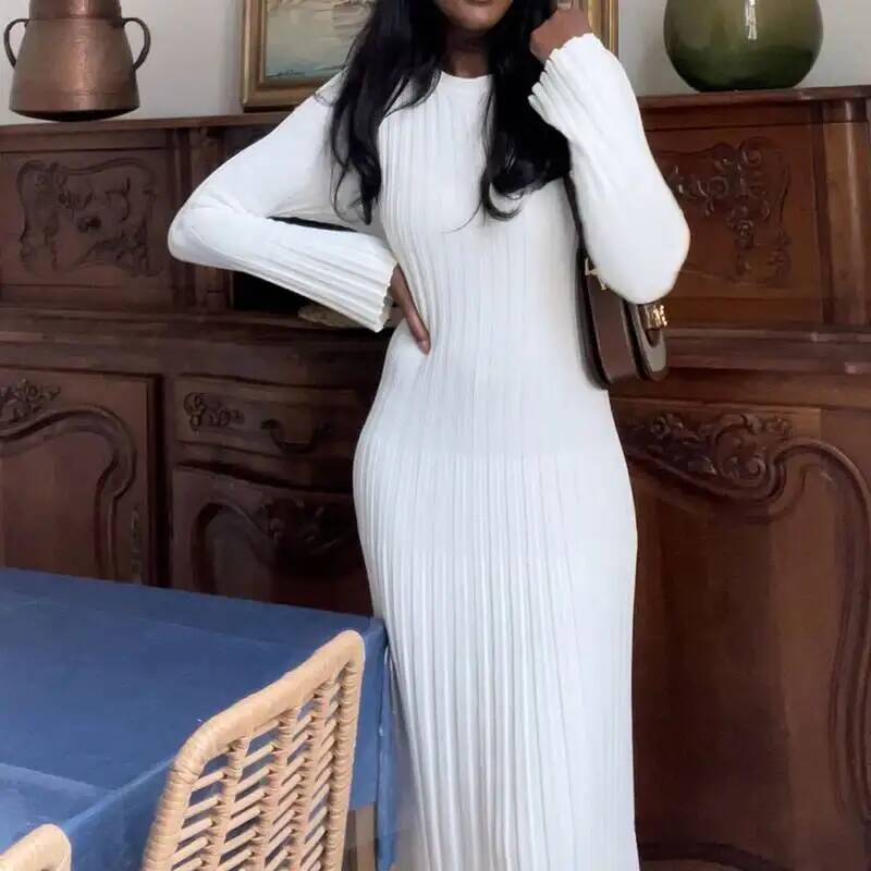 女性エレガントリブニットフルスリーブマキシドレスクルーネック - Bodycon Long Sleeve Ribbed Dress のレビューと価格