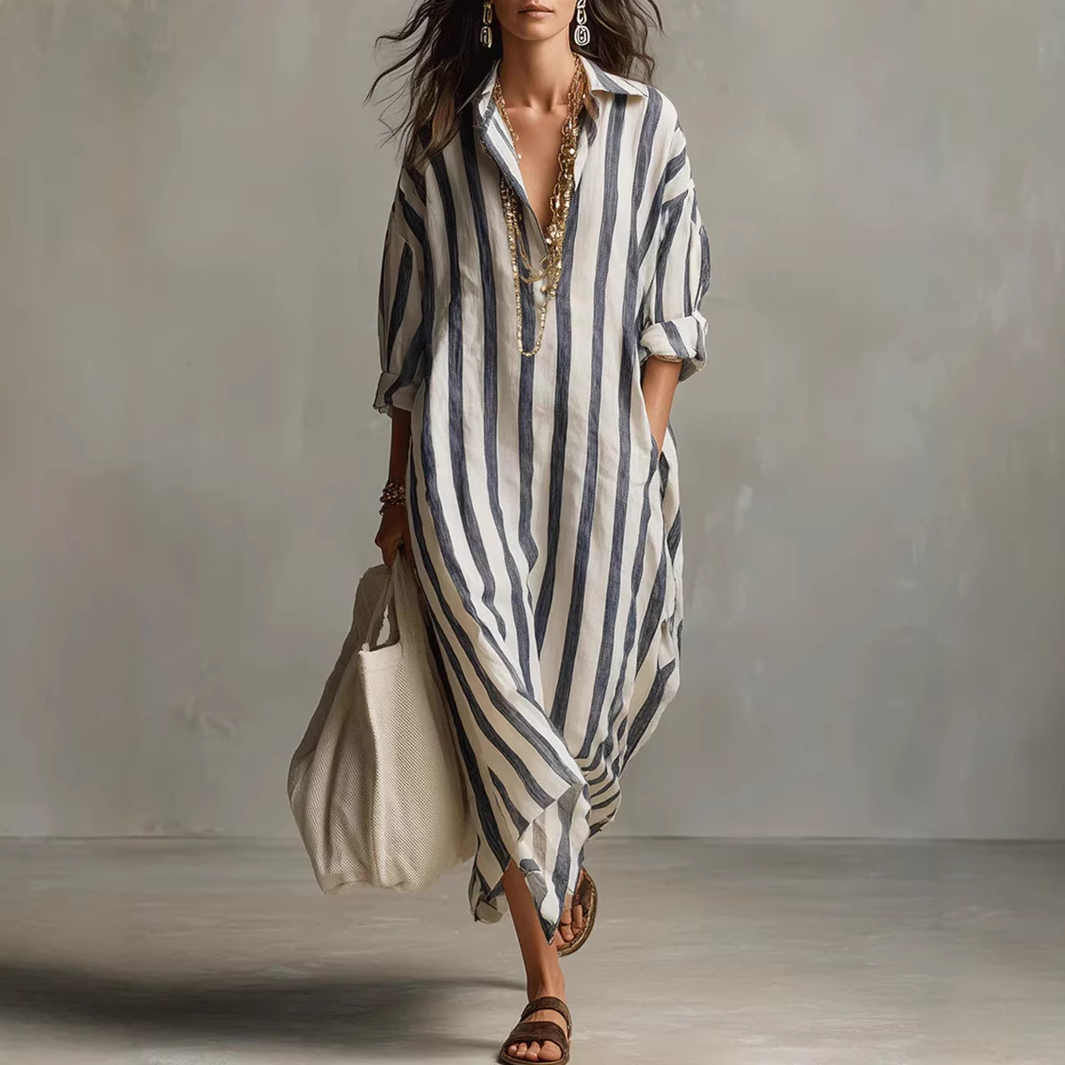 夏のエレガントな折り返し襟のリネンストライプシャツワンピース - Casual Loose Linen Shirt Dress のレビューと価格