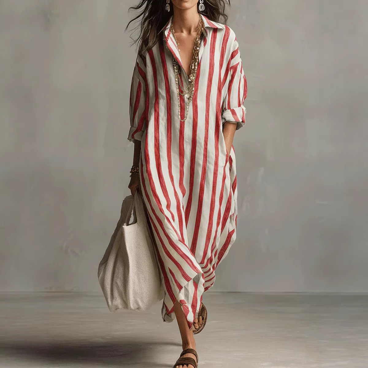 夏のエレガントな折り返し襟のリネンストライプシャツワンピース - Casual Loose Linen Shirt Dress のレビューと価格
