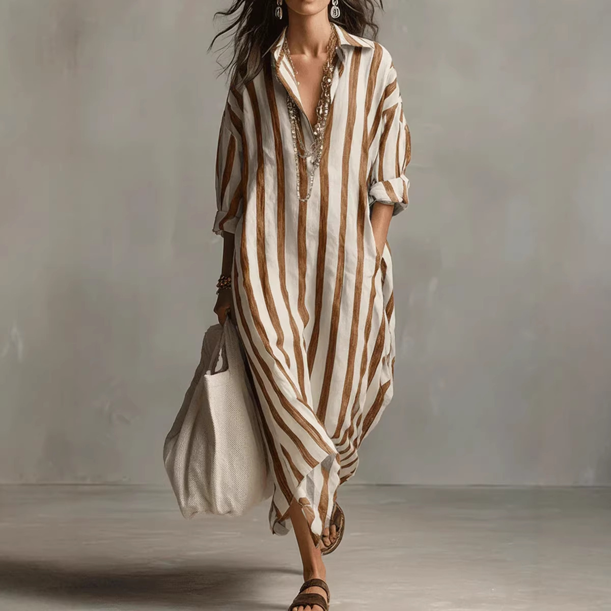 夏のエレガントな折り返し襟のリネンストライプシャツワンピース - Casual Loose Linen Shirt Dress のレビューと価格