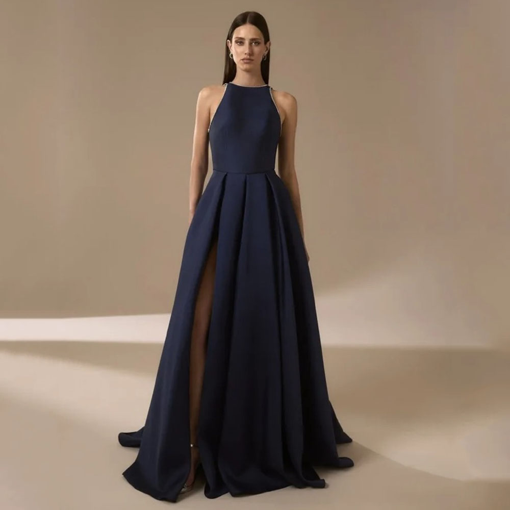 ネイビーブルーのサテンイブニングドレス レディース 2025 - Elegant Satin Evening Gown Split のレビューと価格