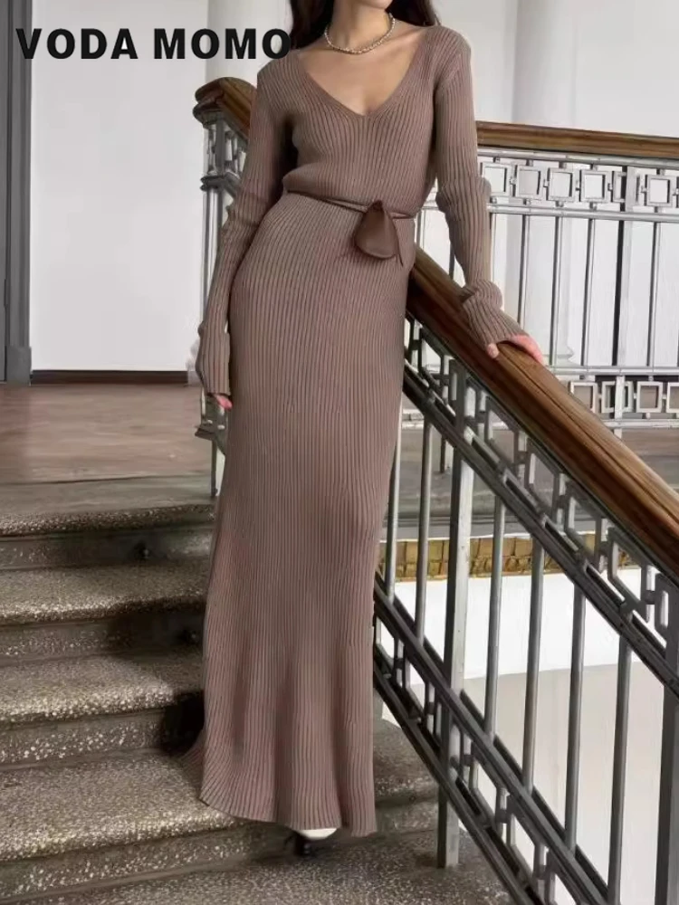 長袖多用途ボディコンマキシドレスレトロオフィスレディースロー - Bodycon Long Sleeve Ribbed Dress のレビューと価格