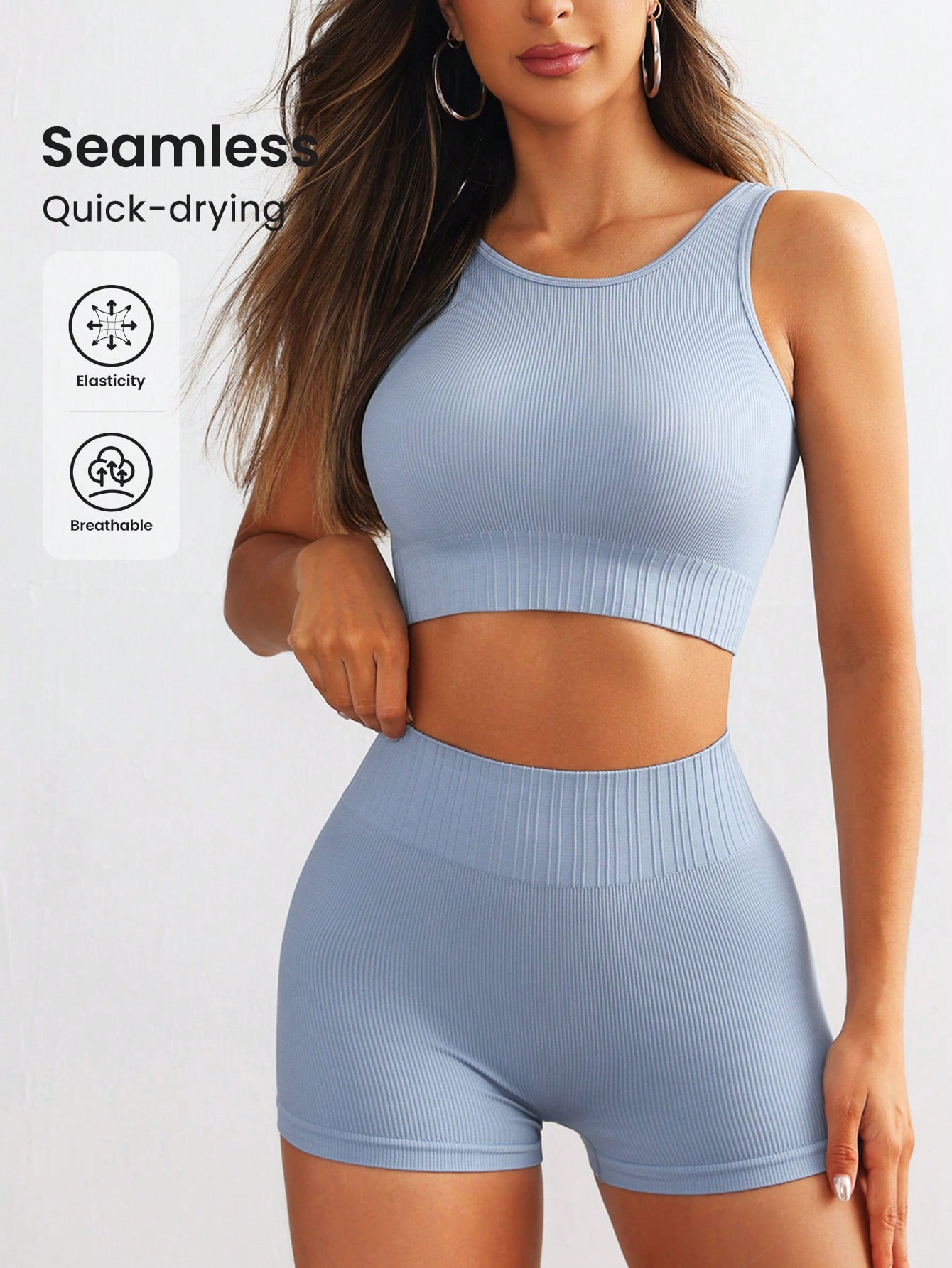 女性用シームレスリブ編みヨガセット ノースリーブ ラウンドネ - Seamless Ribbed Workout Tank Top のレビューと価格